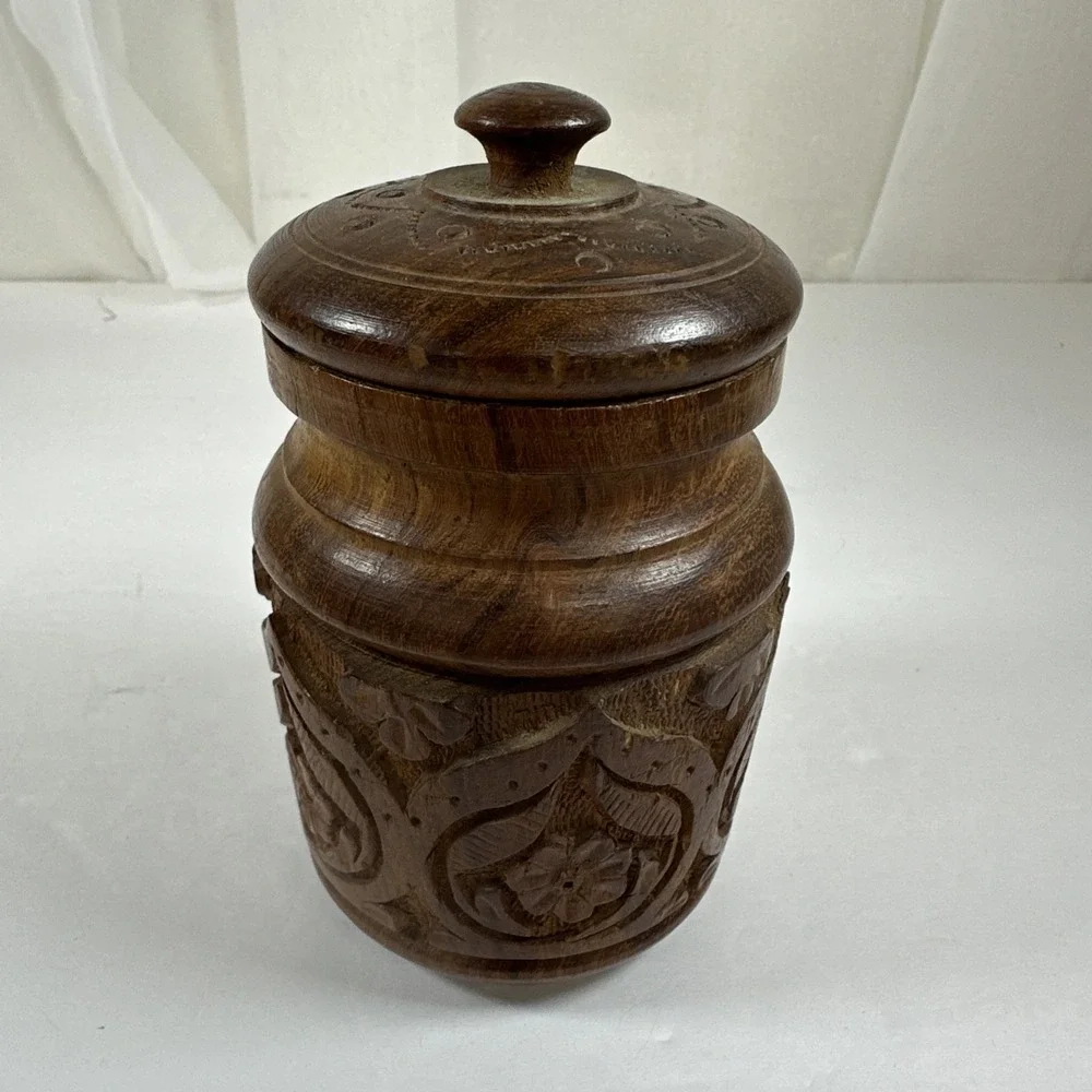 Hand Carved Wooden Lidded Jar Made in India 5